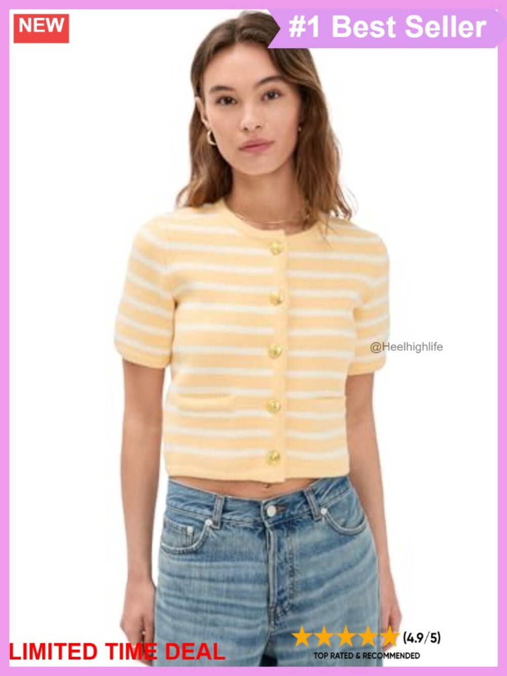 Heavyweight Knit Striped Cardigan Short Sleeve Crew Neck Casual Sweater